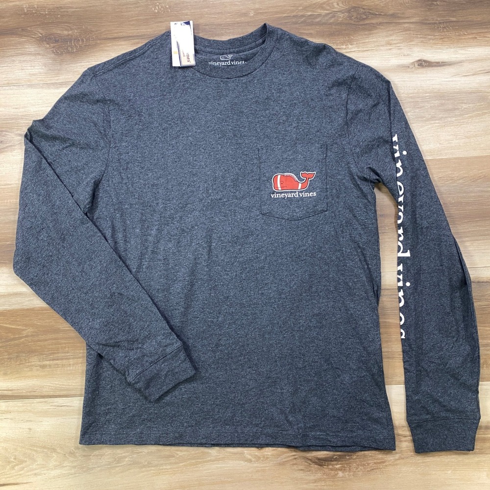 Vineyard Vines Pocket Tee Mens S Football Whale Cotton Charcoal Heather New